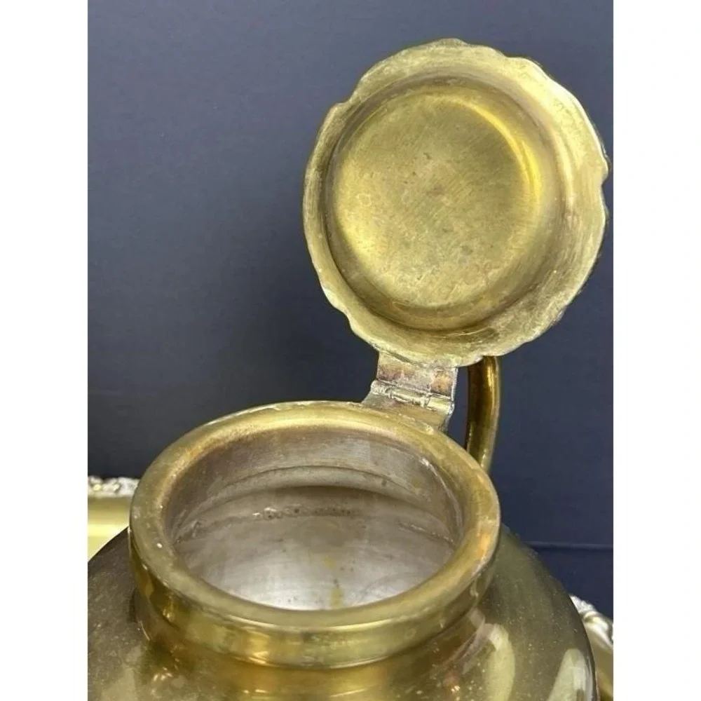 Vintage Solid Brass Tea Coffee Set Tray 4 Pc Teapot Creamer Sugar Ornate